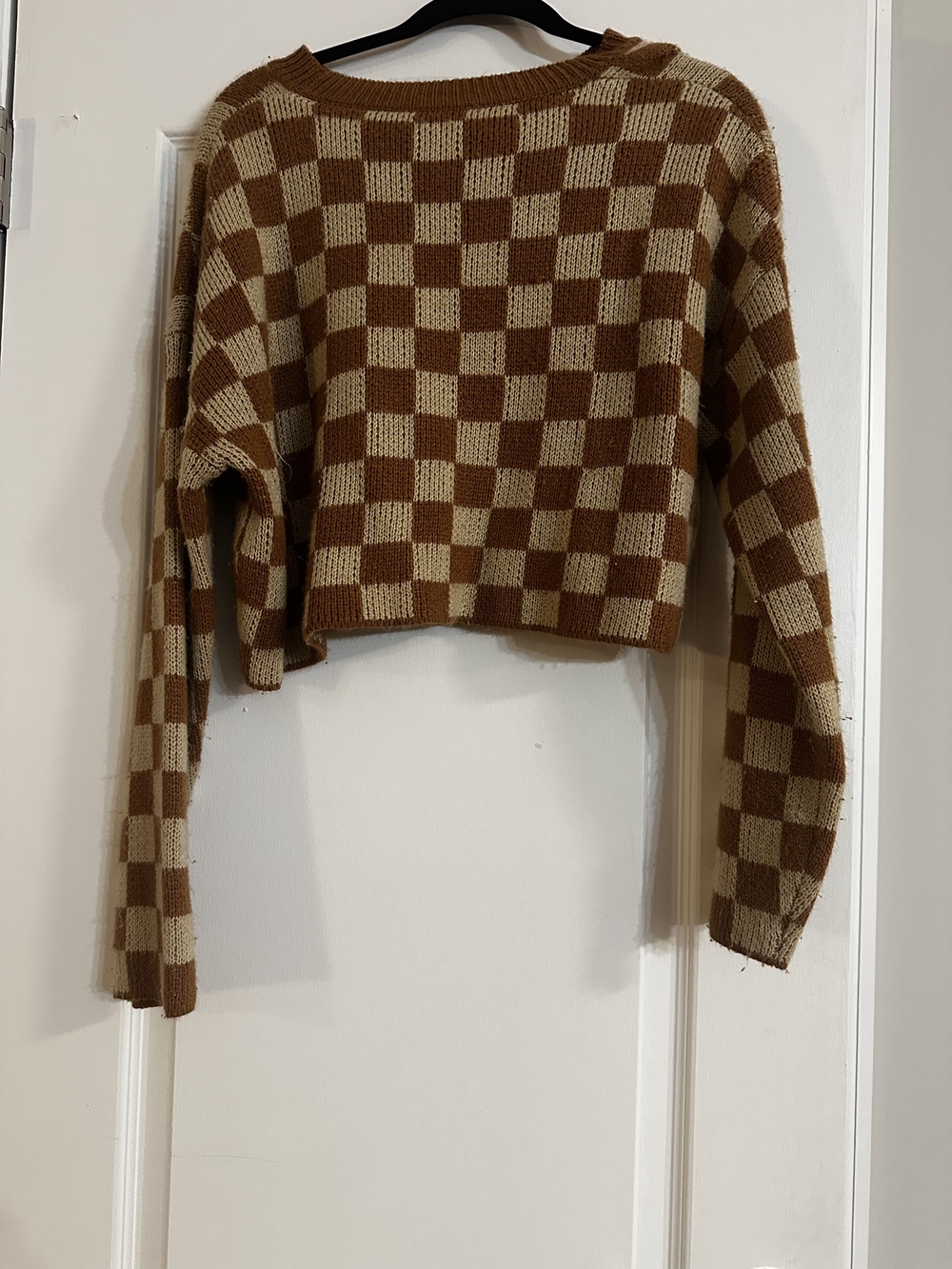 Fashion Nova Checkerboard Cropped Crewneck Sweater - Brown & Cream